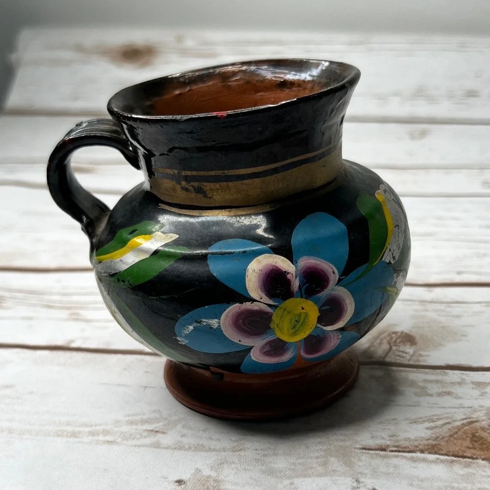 Handmade Mexican Pottery Mug Black Floral Hand Painted Red Ware Folk Art 4.5in